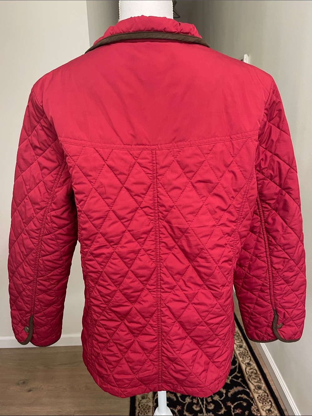Lands’ End Cranberry Red Diamond Quilted Barn Jacket, Dark Brown Trim - Size L - Picture 3 of 16